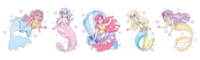 Set Vector Cartoon Mermaid Character isolated illustration