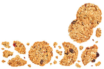 Granola cookie isolated on white background with full depth of field. Top view with copy space for your text. Flat lay.