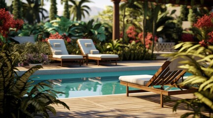 Fototapeta premium A pool with stylish furniture, decorative plants, and a well-maintained surrounding area, demonstrating an inviting and aesthetically pleasing poolside atmosphere. Generative Ai