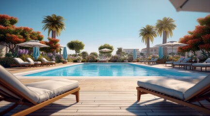 Fototapeta na wymiar A pool with stylish furniture, decorative plants, and a well-maintained surrounding area, demonstrating an inviting and aesthetically pleasing poolside atmosphere. Generative Ai