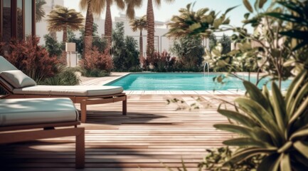 A pool with stylish furniture, decorative plants, and a well-maintained surrounding area, demonstrating an inviting and aesthetically pleasing poolside atmosphere. Generative Ai