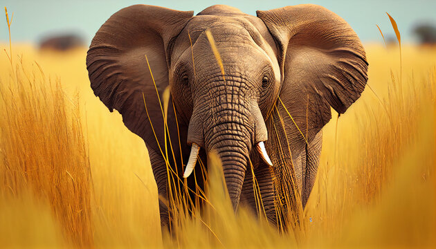 Elephant in tall yellow grass. Wild african animal Ai generated image