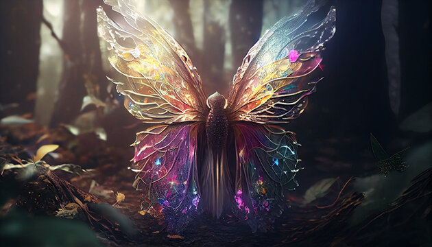 Fairy with transparent rainbow wings in an enchanted magical forest Ai generated image