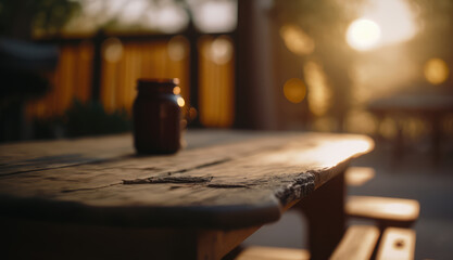 beautiful wooden table on a terrace with sunset light. Background with wooden table and sunset light.Post-processed generative AI
