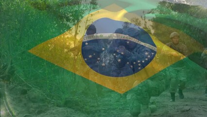 Animation of waving flag of brazil, diverse soldiers taking positions in forest after seeing enemies - Powered by Adobe