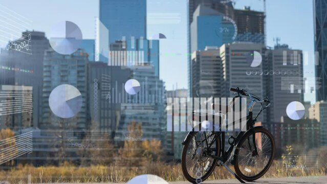Animation of multiple graphs and loading circles over bicycle parked against modern city