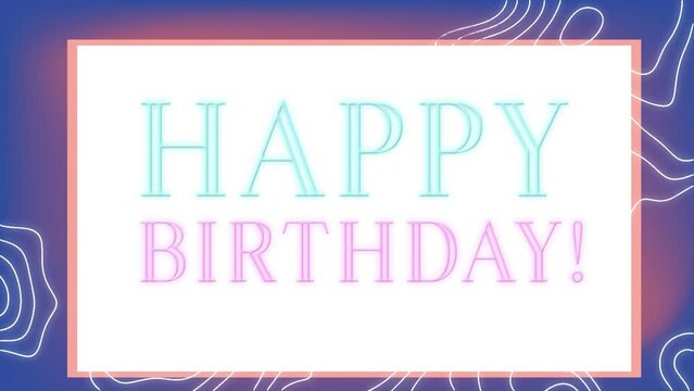 Animation of happy birthday text in rectangle over abstract pattern against blue background