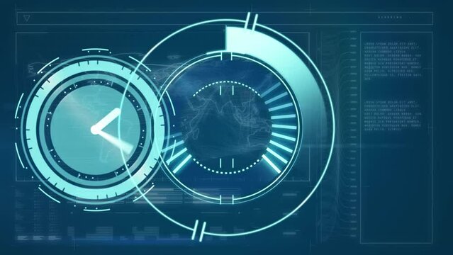 Animation of round scanner and ticking clock over interface with data processing on blue background