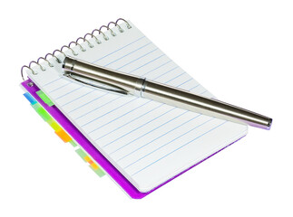 Notebook with spiral and pen, isolated on blank background.