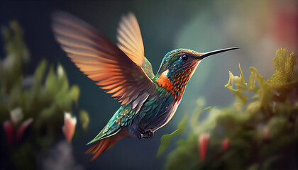 Fototapeta premium Flying hummingbird with green forest in background. Small colorful bird in flight Ai generated image