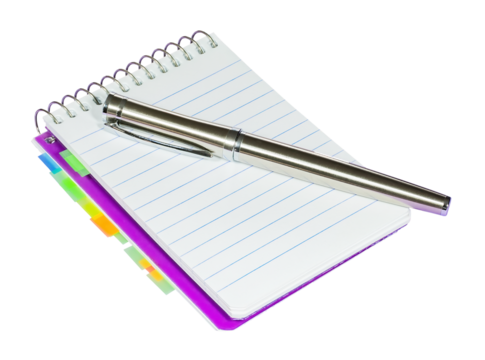 Notebook with spiral and pen, isolated on blank background.