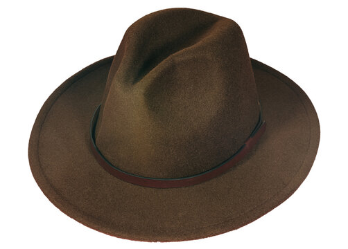 Winter wide brim leather hat, isolated on blank background.