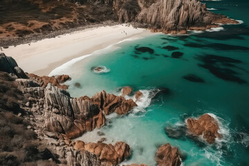 An aerial perspective captures the beauty of a tropical beach, where crystal-clear blue waters meet golden sands, inviting tranquility and relaxation