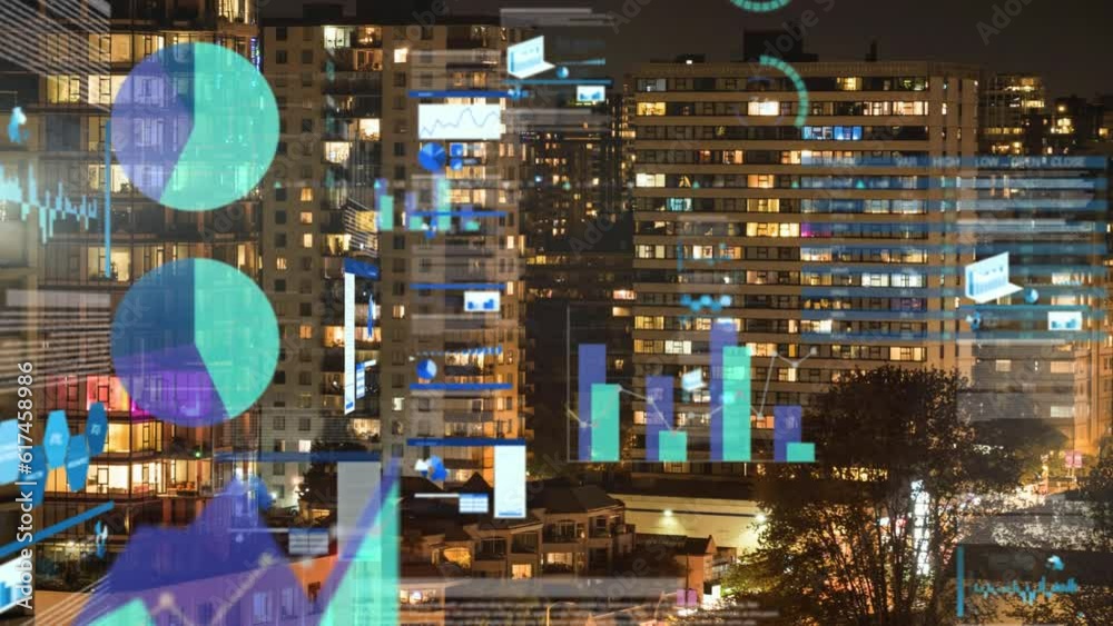Poster animation of multiple graphs and loading circles over illuminated modern buildings in background