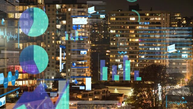 Animation of multiple graphs and loading circles over illuminated modern buildings in background