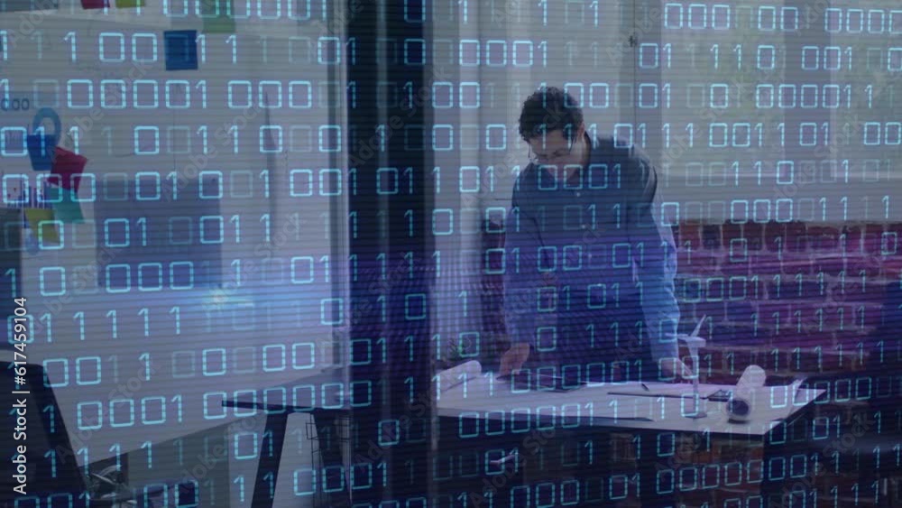 Poster animation of looping binary codes over caucasian man using digital tablet in office