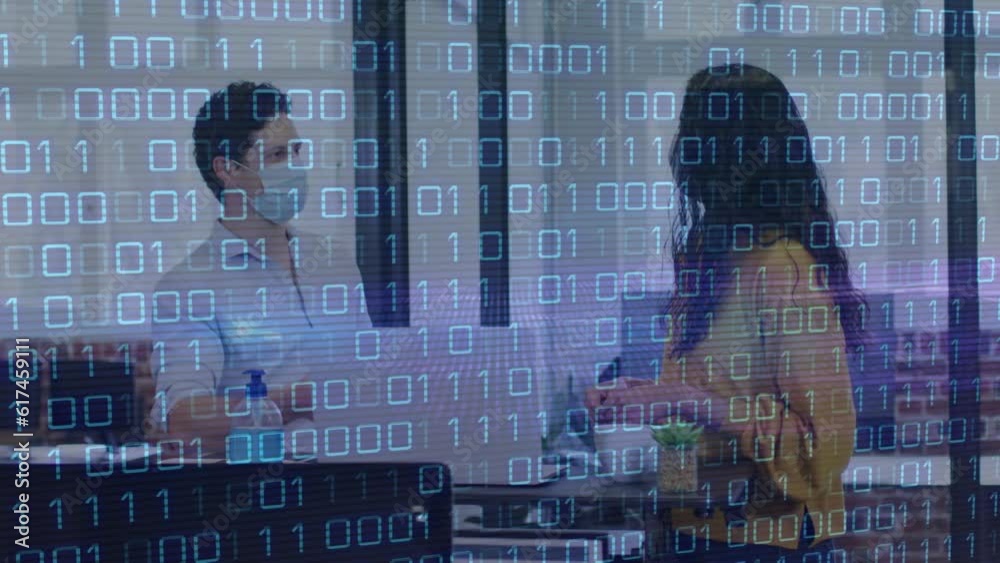 Wall mural Animation of looping binary codes over diverse coworkers wearing mask discussing reports