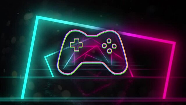 Animation of glitched gaming console over looping rectangle forming tunnel against black background