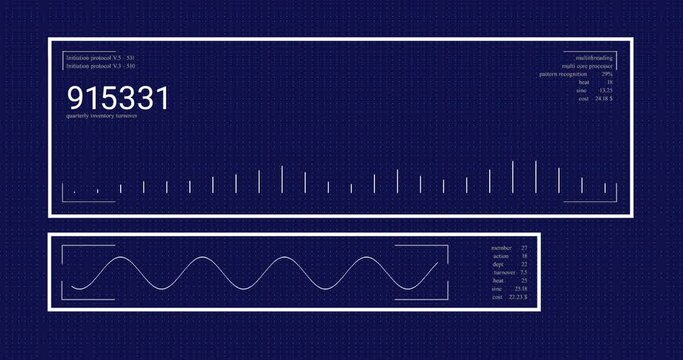 Animation of graph and soundwave with changing numbers in rectangles against blue background