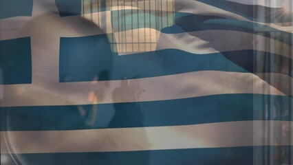 Animation of flag of greece waving over soldier firing bullets with gun at dummy target - Powered by Adobe