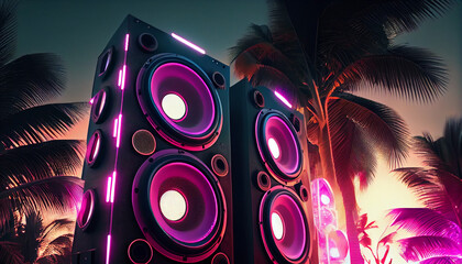 Group of sound speakers in neon light. Background with selective focus Ai generated image
