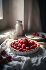 Strawberry tart on wooden cottage table. Still life food. Generative AI