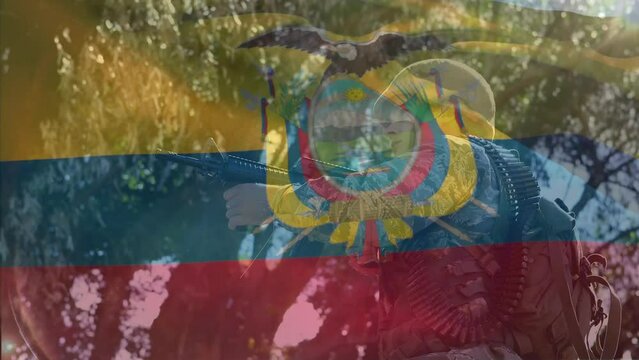 Animation of flag of ecuador waving over low angle view of caucasian soldier standing with gun