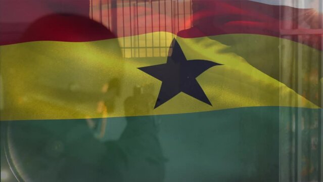 Animation of flag of ghana waving over soldier firing bullets with gun at dummy target