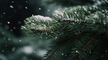 Fototapeta na wymiar Fir tree branch covered in snow. festive and winter background with copy space. Generative AI