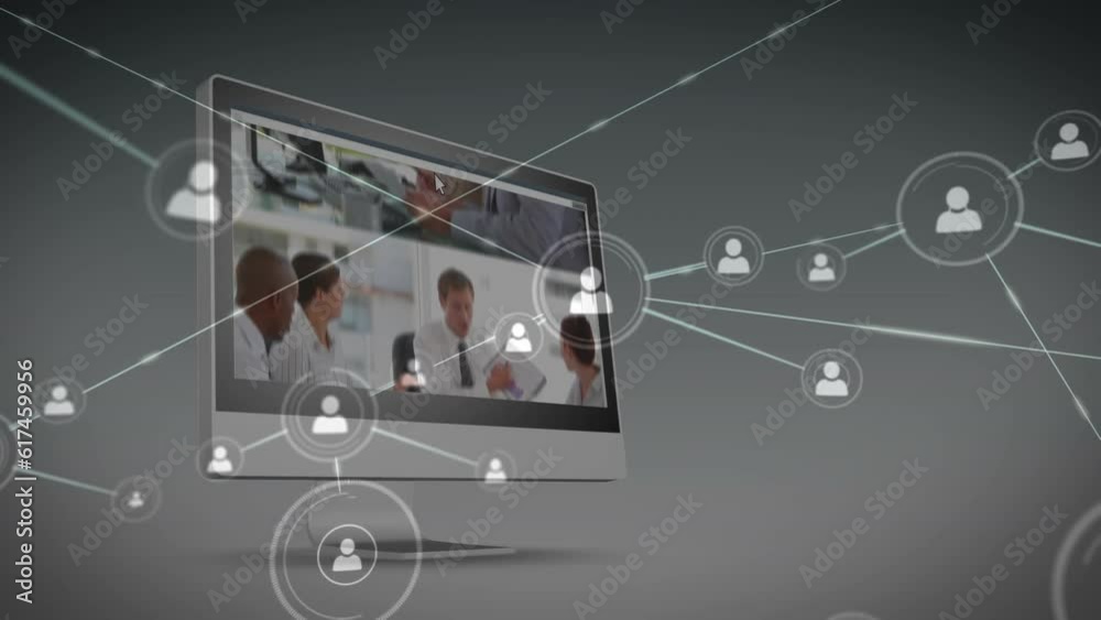 Poster Animation of network of profile icons over business data processing on computer screen