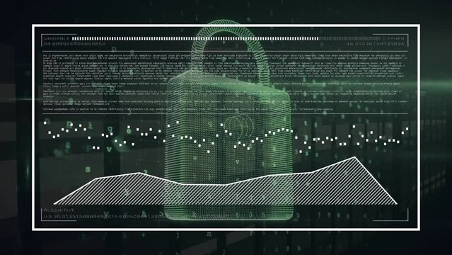 Animation of interface with data processing over security padlock icon and green light spot