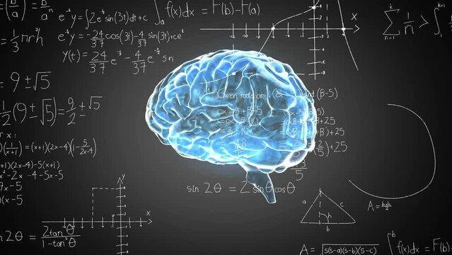Animation of spinning human brain icon and mathematical equations against grey background - Powered by Adobe