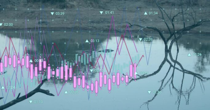 Animation of data processing against landscape with trees and lake