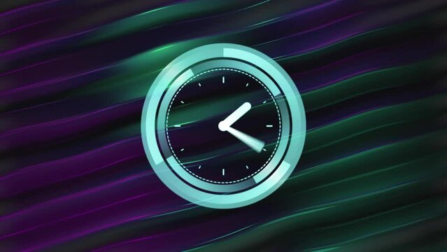 Animation of neon ticking clock over purple and green digital wave against black background