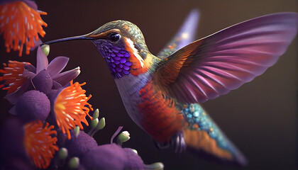 Obraz premium Hummingbird flying to pick up nectar from a beautiful flower Ai generated image