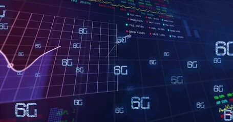 Animation of multiple 6g texts over statistical and stock market data processing on blue background - Powered by Adobe