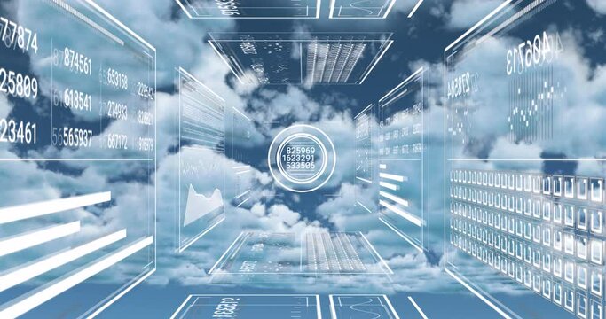 Animation of interface with data processing against clouds in the blue sky