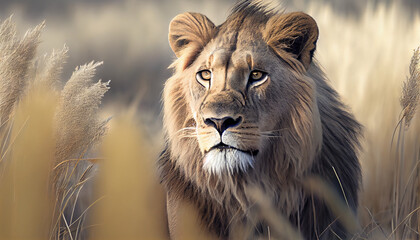 Lion in tall yellow grass. Wild african animal Ai generated image