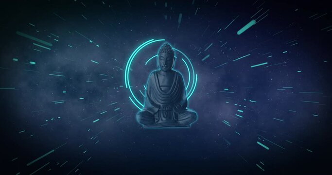 Animation of meditating buddah figure over data loading wheel and light trails on dark sky