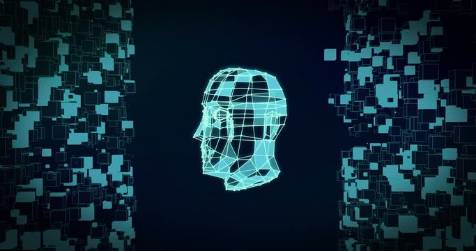 Animation of blue 3d cuboid head model rotating with moving cubes on dark background