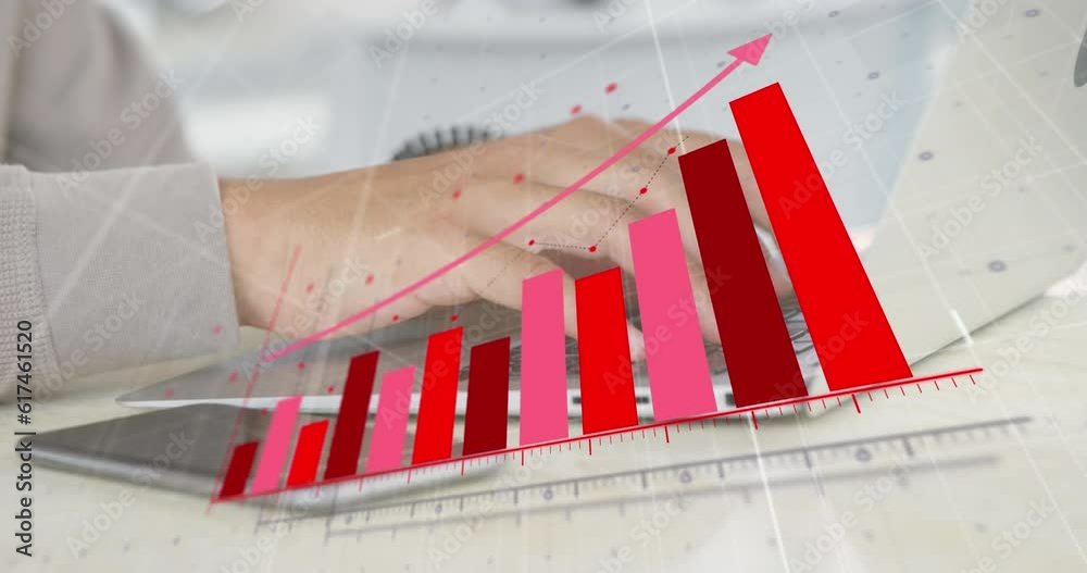 Poster animation of arrow on graphs over grid pattern against midsection of man working on laptop