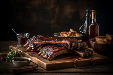 Fototapeta na wymiar Barbecue grilled pork ribs served on wooden board. Copy space on dark background. Generative AI