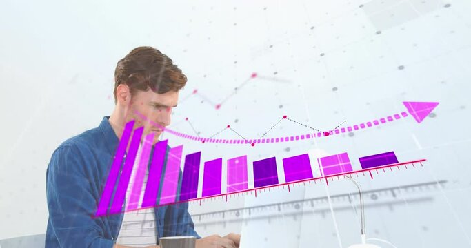 Animation of arrow and graphs over focused caucasian man working on laptop