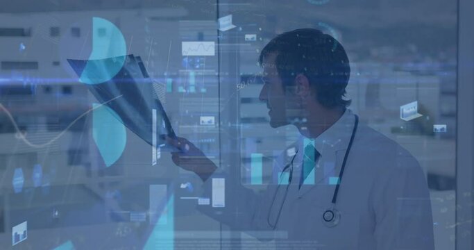 Animation of graphs and loading circles over caucasian doctor examining patients x-ray report