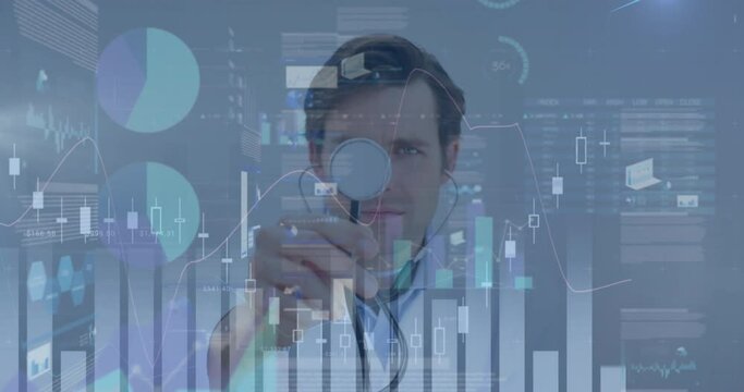 Animation of multiple graphs with database over caucasian doctor holding stethoscope towards screen