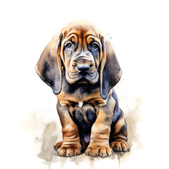 A cute bloodhound puppy on white background. Digital watercolour