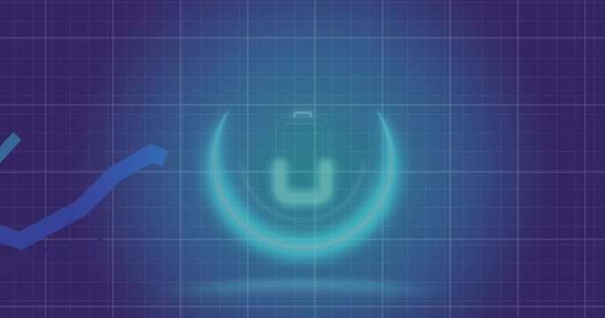 Animation of battery icons over growing graph against grid pattern on blue background