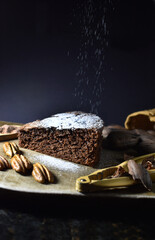 portion of sponge cake with pecans