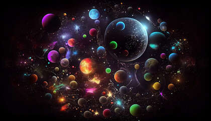 Obraz na płótnie Canvas llustrated universe pattern, universe with neon colorful planets and stars on dark background Ai generated image