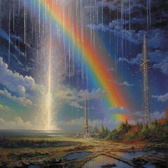 Rainbow in the sky with rockets and meteorites